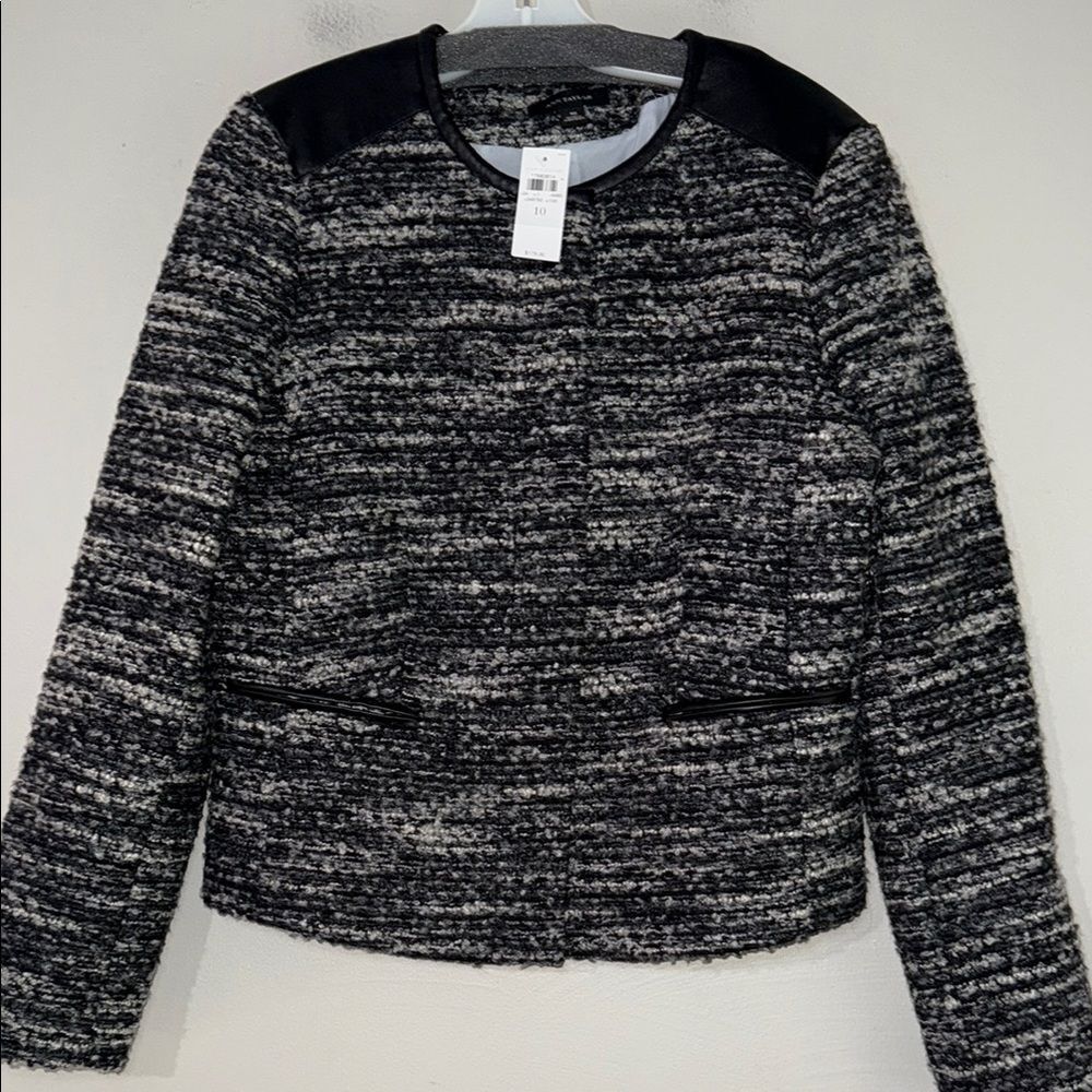 ANN TAYLOR Womens sz 10 black faux leather trim boucle jacket